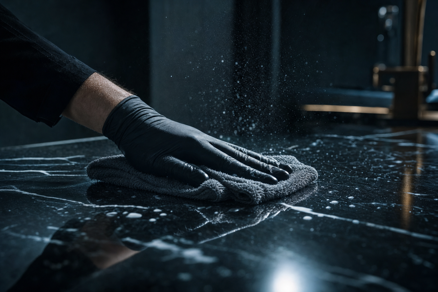 A gloved hand wiping a gleaming black marble countertop with cleaning spray mist catching the light