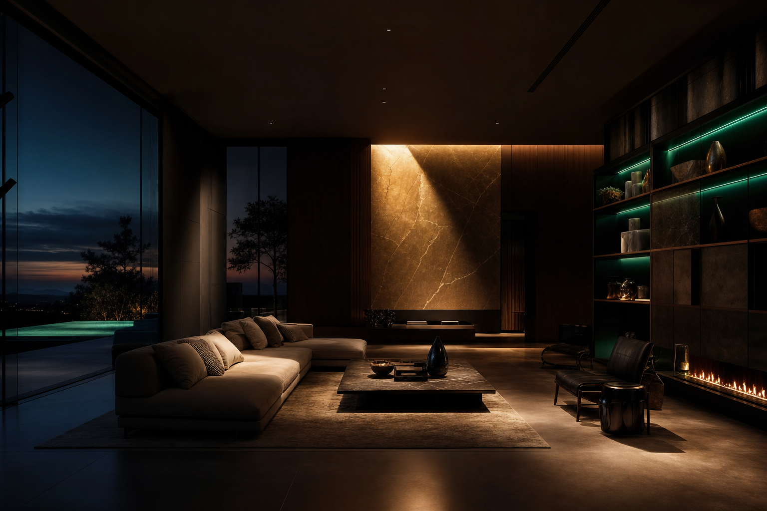 A dramatic, moody luxury living room at dusk with spotless polished surfaces and teal accent lighting
